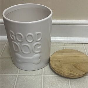 White Ceramic Dog Treat Jar with Wooden Lid